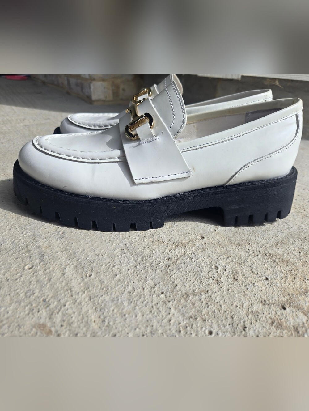 Steve Madden White Leather Chunky Lug Loafers with Gold Bit